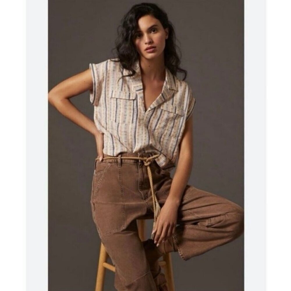 Anthropologie Cropped Utility V-Neck Top Striped Sleeveless Blouse Size S EUC